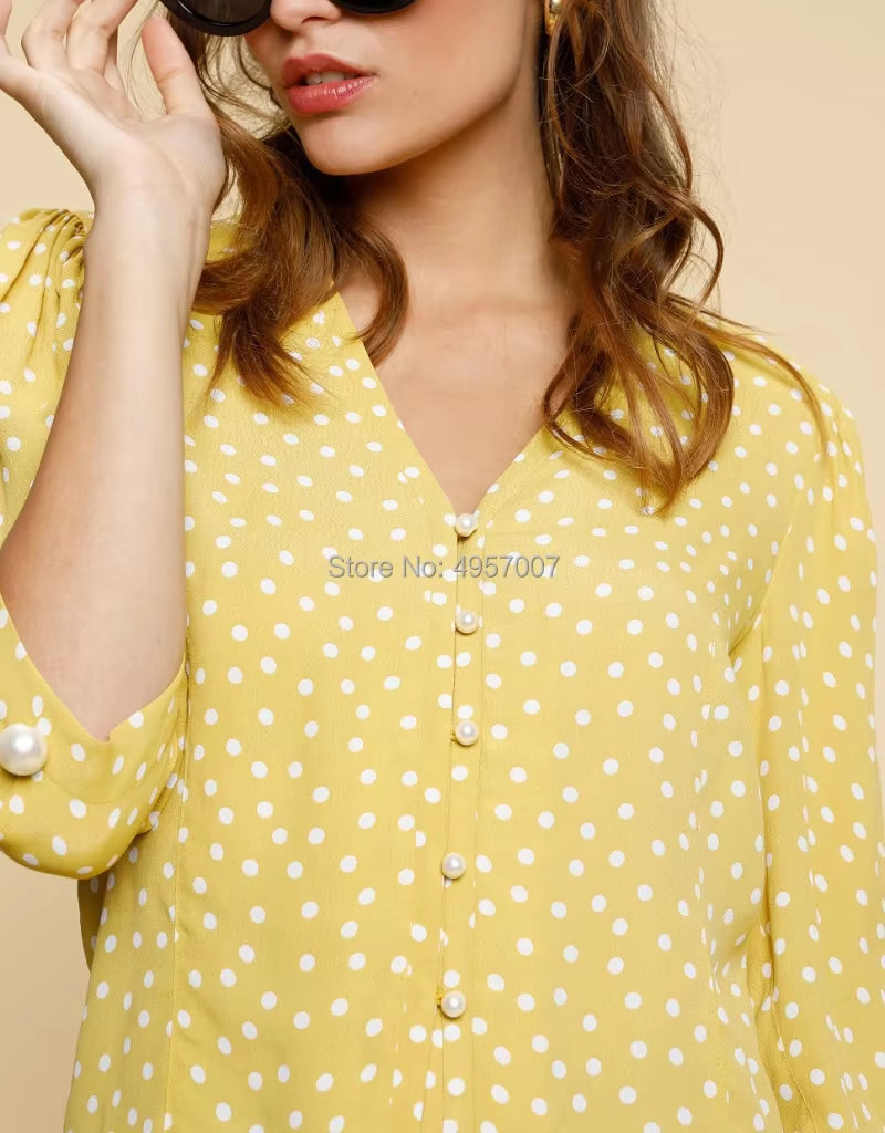 Top Quality Viscose 100% Yellow Contrast Dot Print Blouse Top - 2019 Women Button Closured Shirt Top with Elbow Sleeve