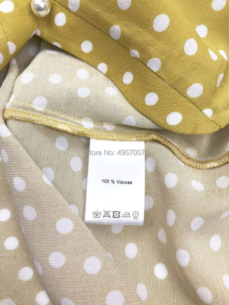 Top Quality Viscose 100% Yellow Contrast Dot Print Blouse Top - 2019 Women Button Closured Shirt Top with Elbow Sleeve