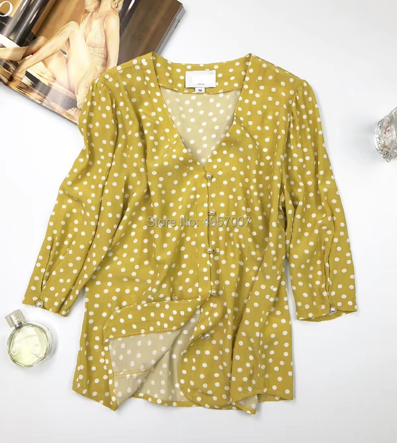 Top Quality Viscose 100% Yellow Contrast Dot Print Blouse Top - 2019 Women Button Closured Shirt Top with Elbow Sleeve