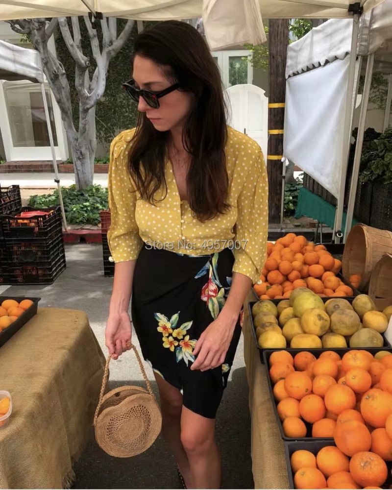 Top Quality Viscose 100% Yellow Contrast Dot Print Blouse Top - 2019 Women Button Closured Shirt Top with Elbow Sleeve