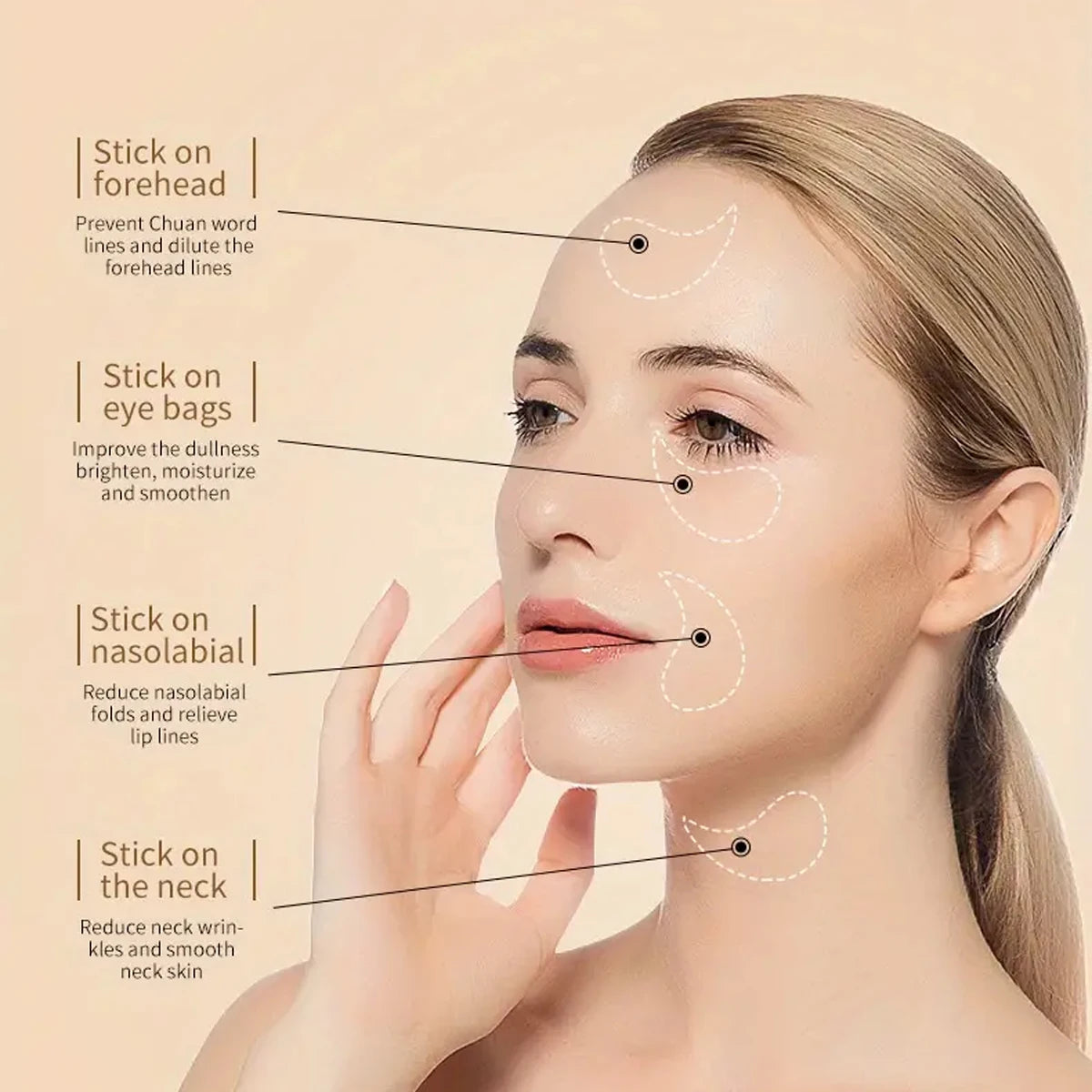 Woman applying cosmetic patches on her face with labeled benefits on a beige background