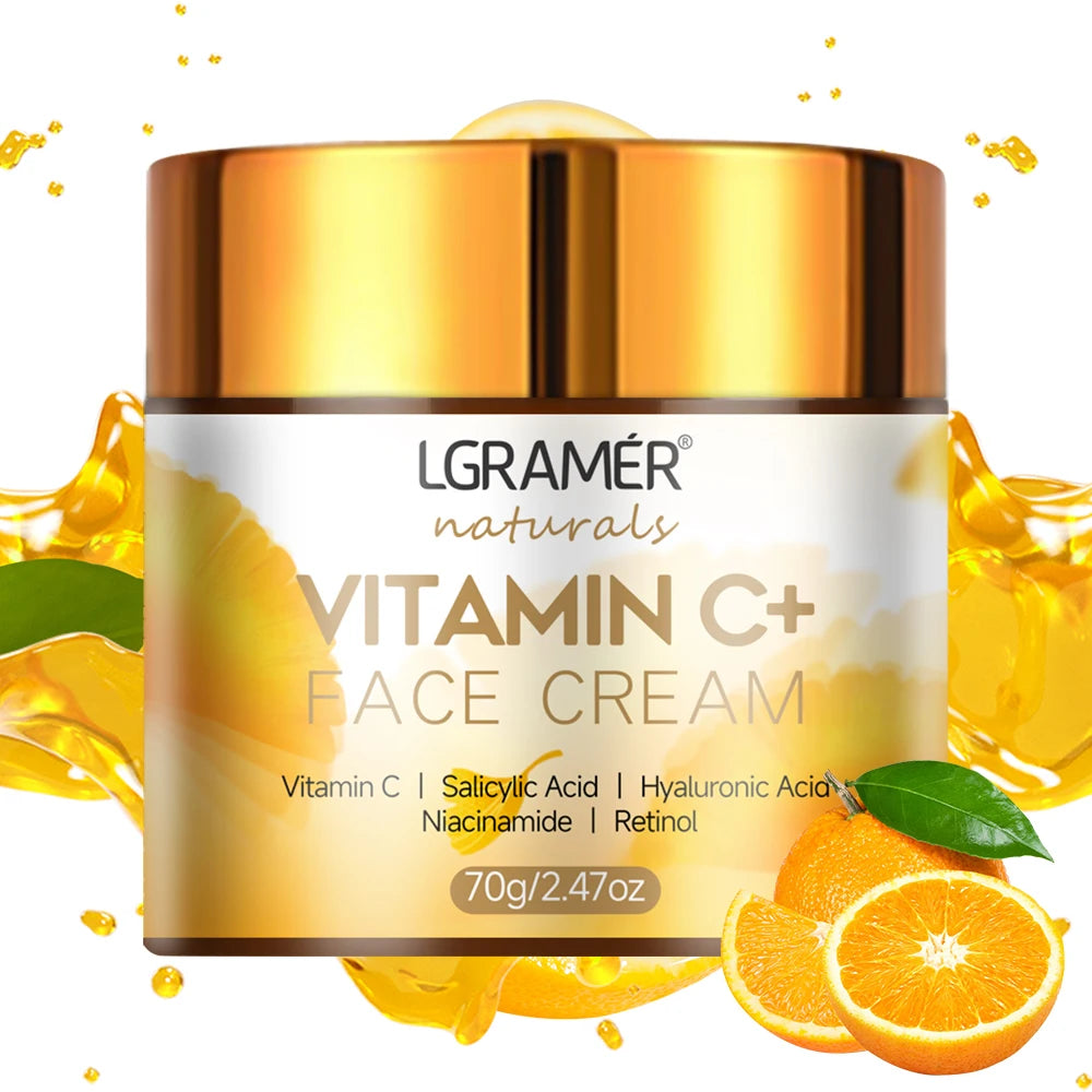 LGRAMER Vitamin C+ Face Cream jar with oranges and leaves on a white background