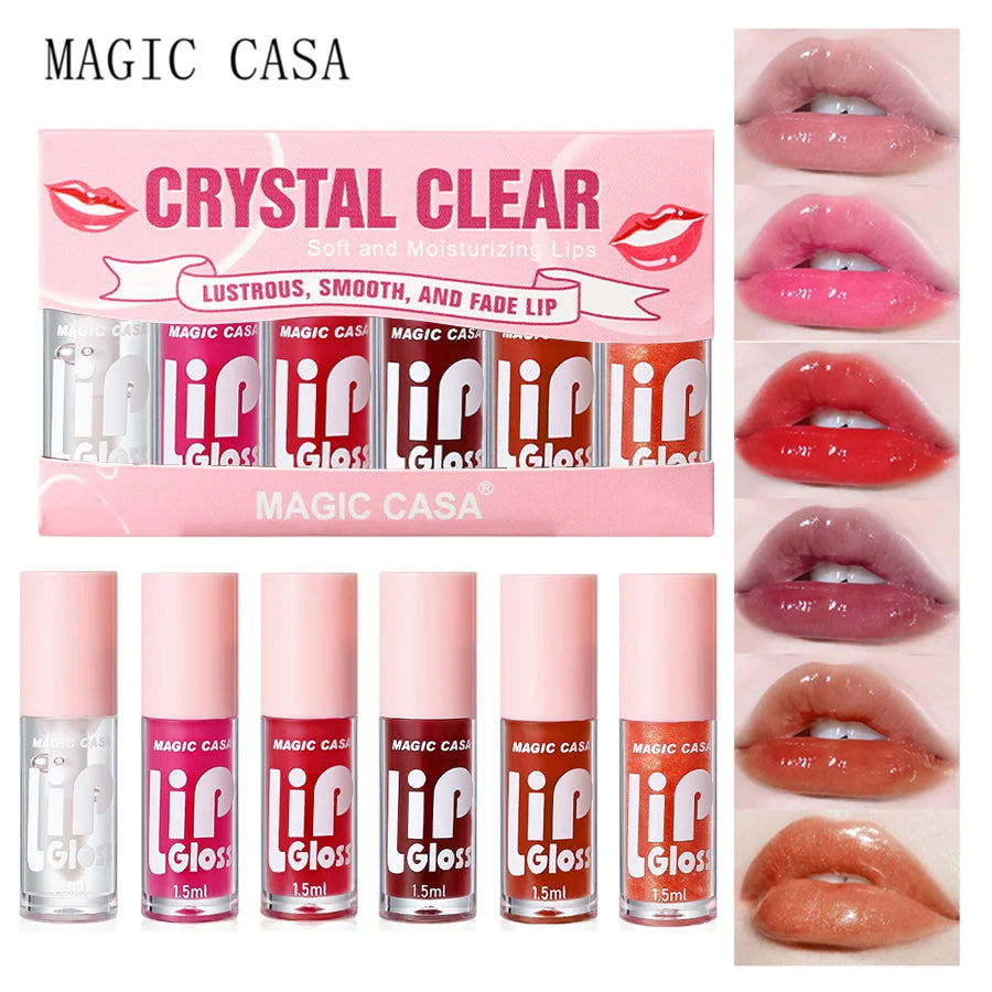 Magic Casa lip gloss set with packaging and application examples on a white background
