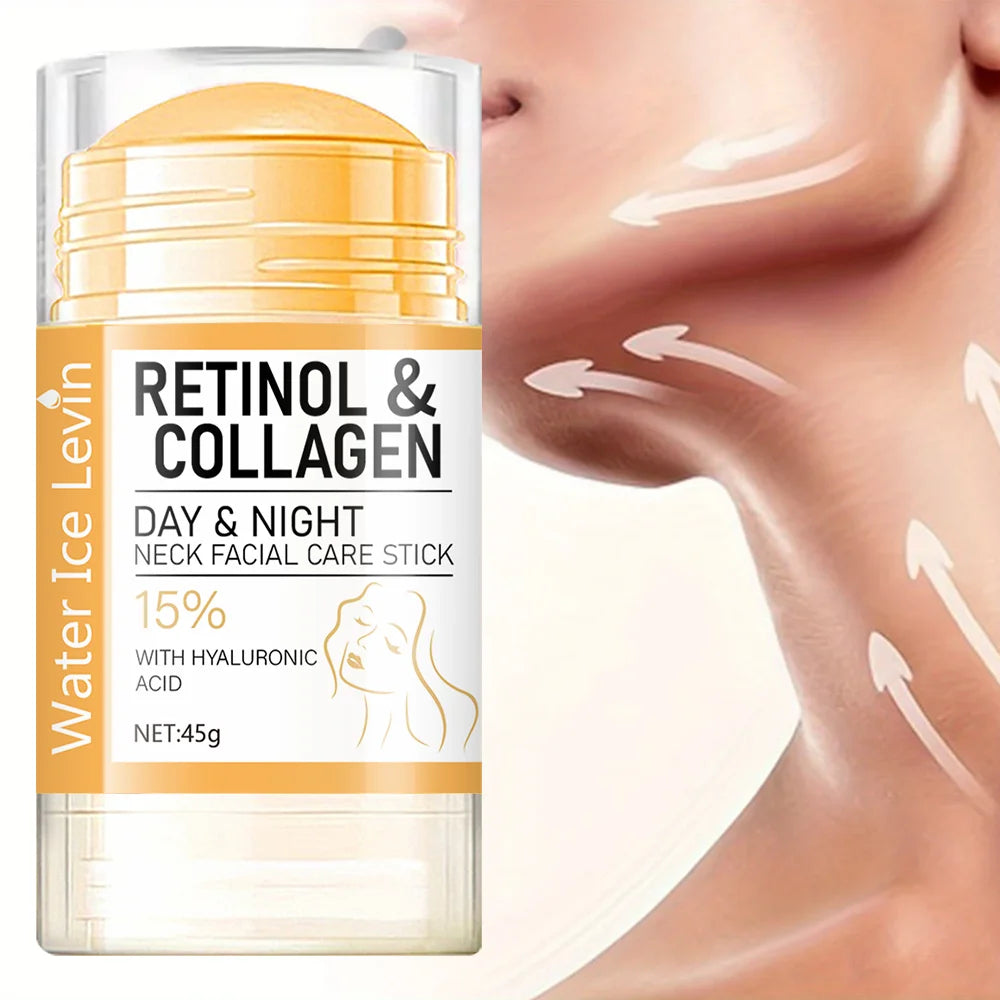 Retinol & Collagen facial care stick with a close-up of a person's neck.