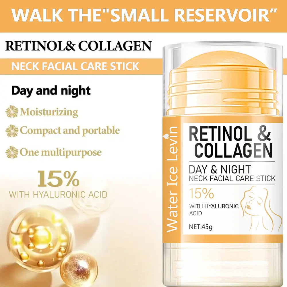 Retinol & Collagen neck facial care stick with branding and product details on a beige background