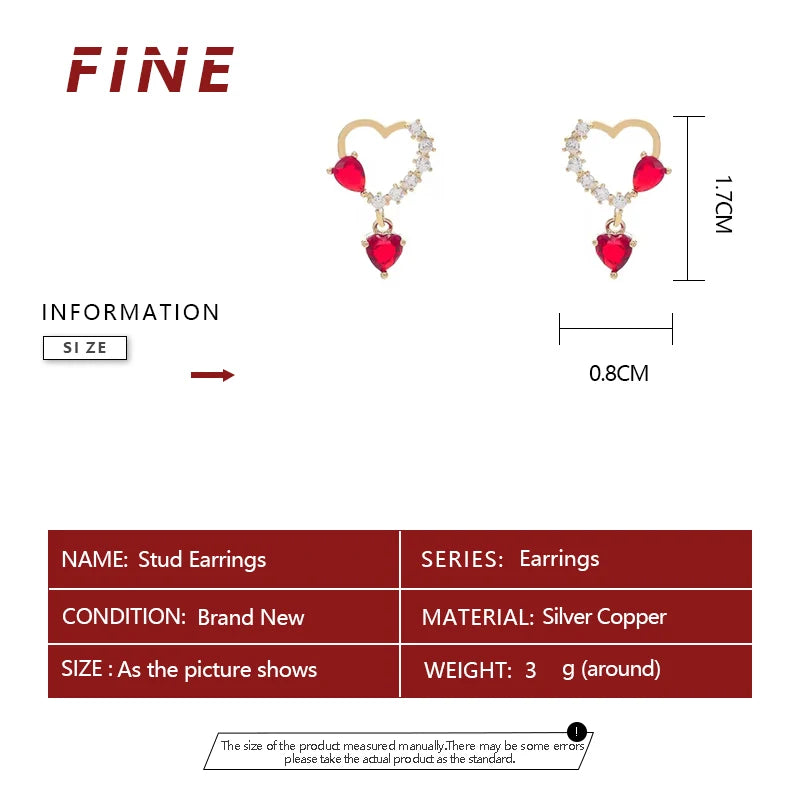 2023 New Fashion Sweet Heart Red Drop Earrings for Women Korean Crystal Long Chain Tassel Earrings Party Wedding Jewelry Brincos