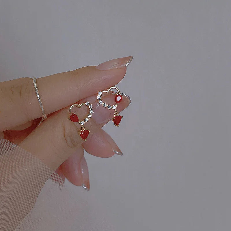 2023 New Fashion Sweet Heart Red Drop Earrings for Women Korean Crystal Long Chain Tassel Earrings Party Wedding Jewelry Brincos