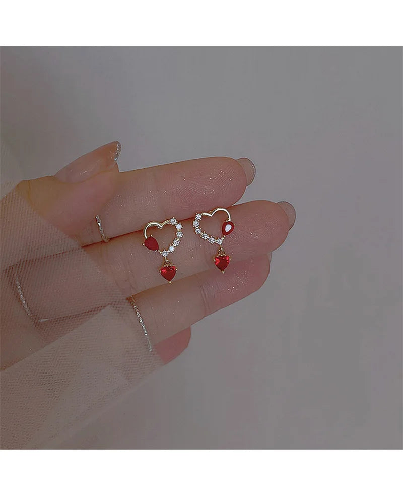 2023 New Fashion Sweet Heart Red Drop Earrings for Women Korean Crystal Long Chain Tassel Earrings Party Wedding Jewelry Brincos
