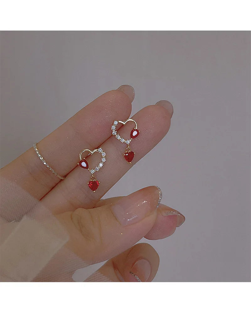 2023 New Fashion Sweet Heart Red Drop Earrings for Women Korean Crystal Long Chain Tassel Earrings Party Wedding Jewelry Brincos