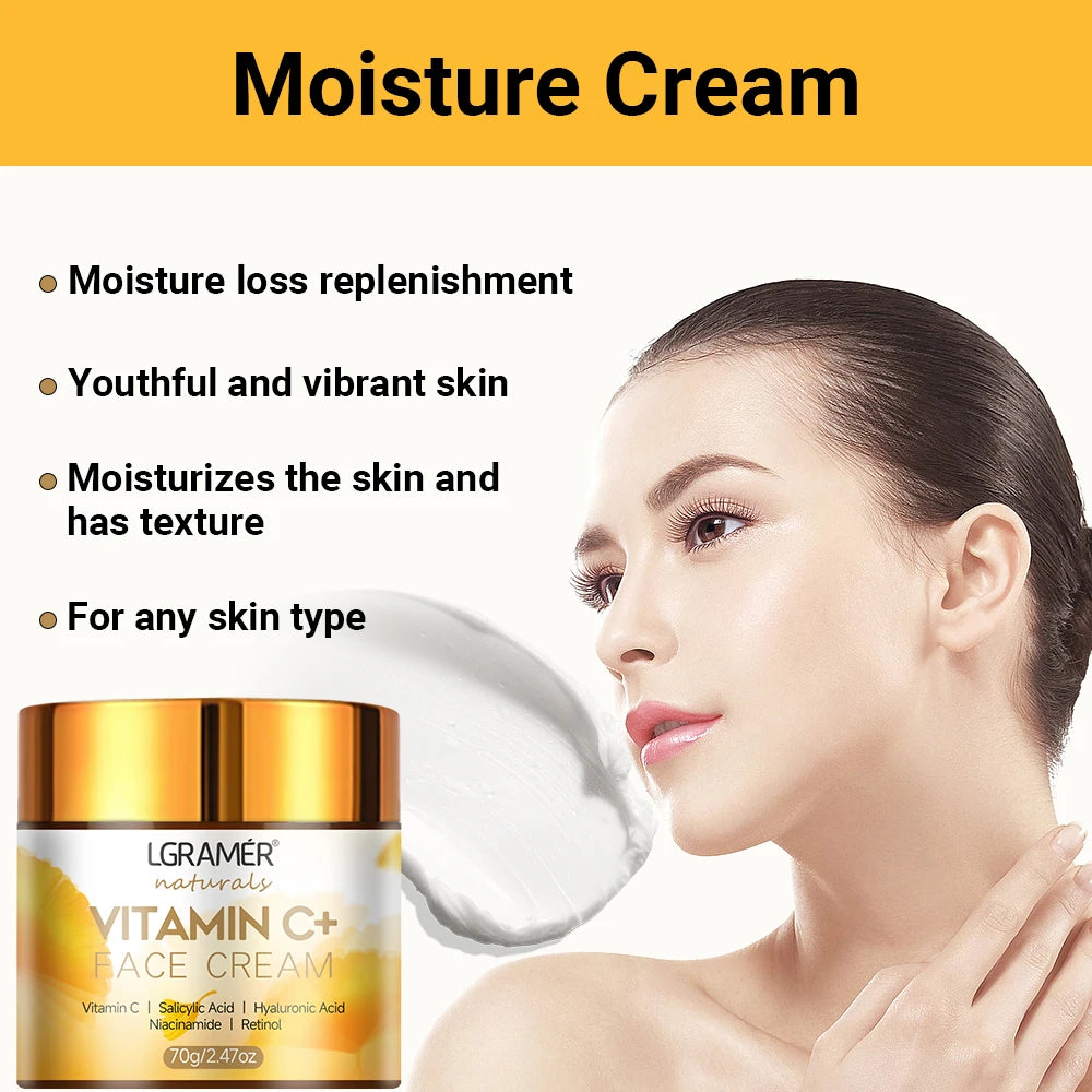 LGRamer Vitamin C+ Face Cream with a woman applying cream and text highlighting benefits.