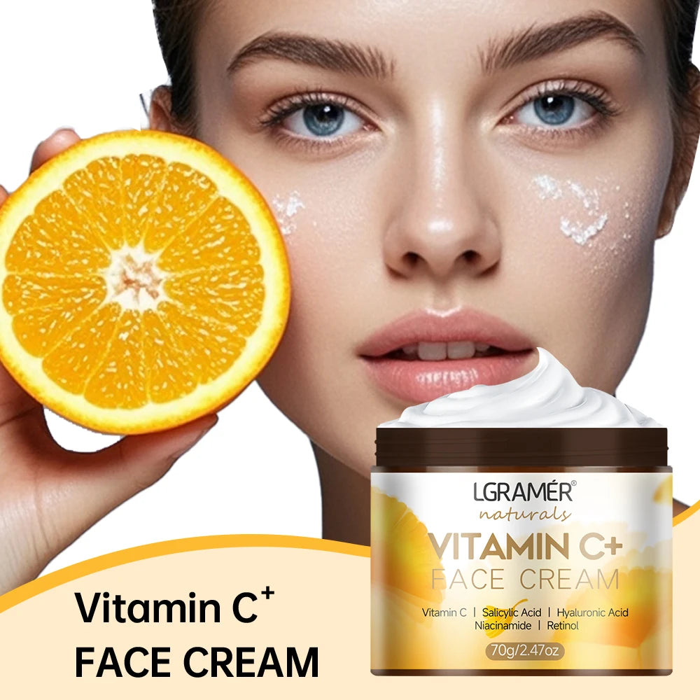 Woman with cream on face, half an orange, and LGRAMéR Vitamin C+ Face Cream jar.