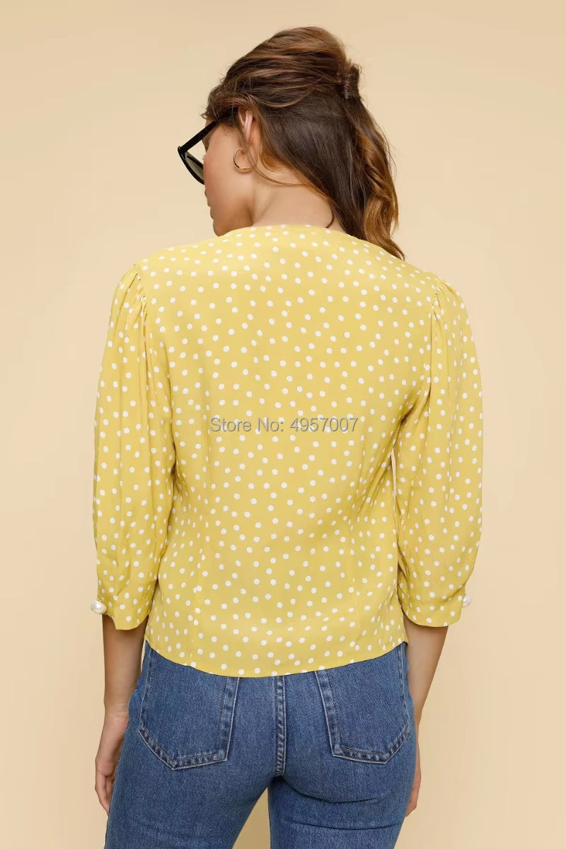 Top Quality Viscose 100% Yellow Contrast Dot Print Blouse Top - 2019 Women Button Closured Shirt Top with Elbow Sleeve