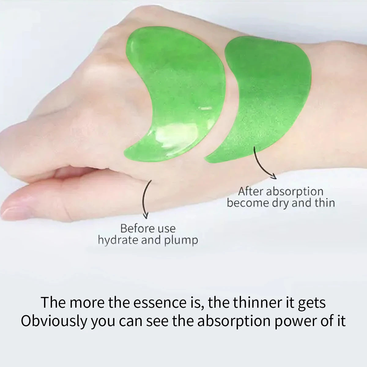 Green eye patches on a hand with text indicating before and after effects.