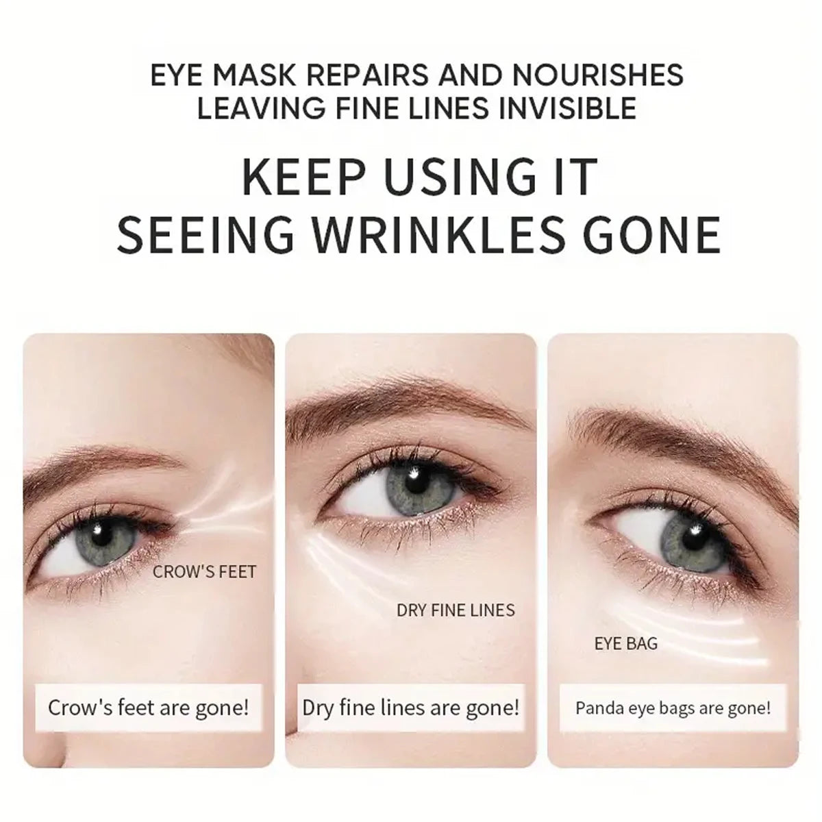 Eye mask advertisement showing before and after effects on crow's feet, dry fine lines, and eye bags.