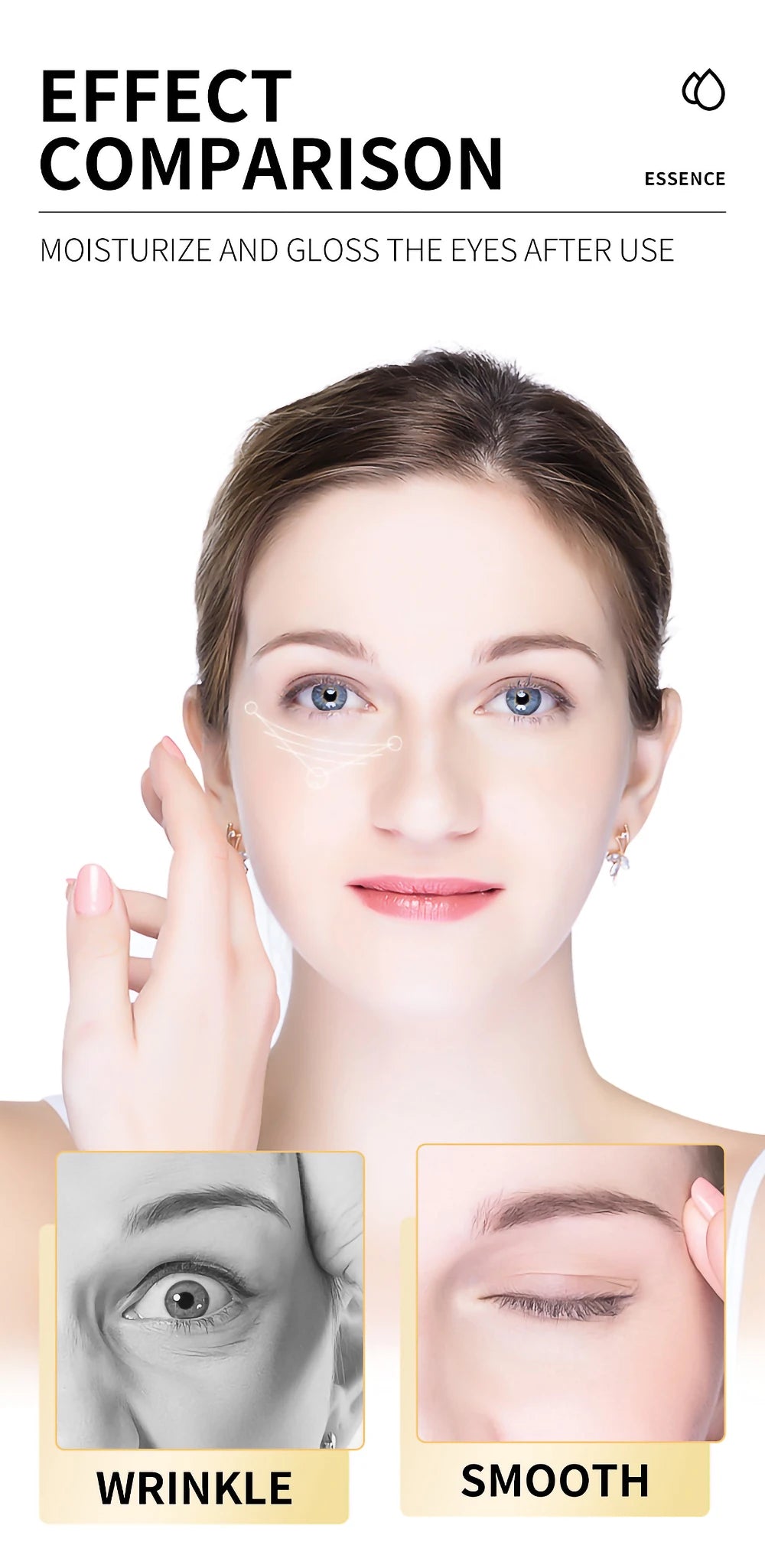 Woman applying product to face with before and after effects shown, on a white background.