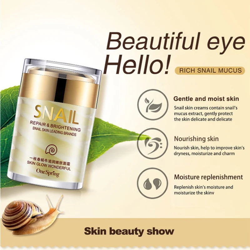 Snail cream packaging with snail mucus benefits on a beige background