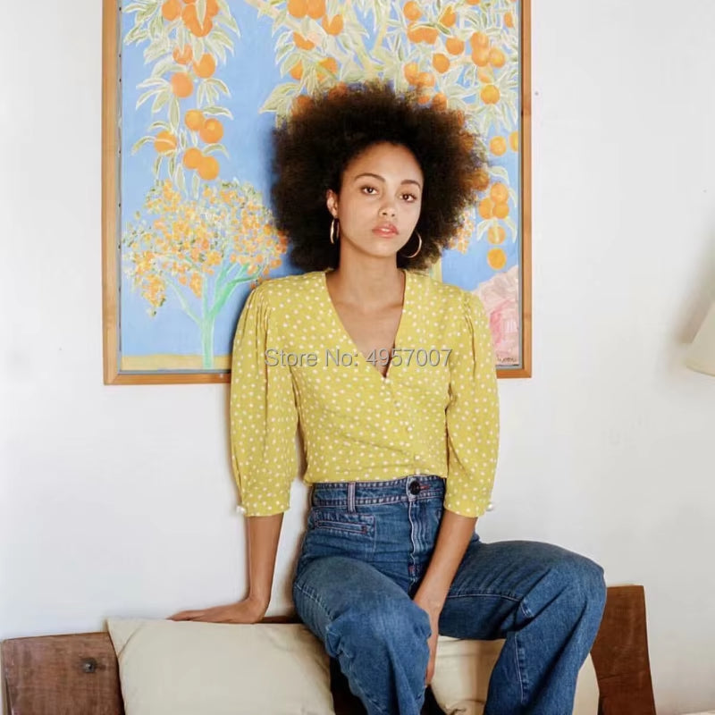 Top Quality Viscose 100% Yellow Contrast Dot Print Blouse Top - 2019 Women Button Closured Shirt Top with Elbow Sleeve