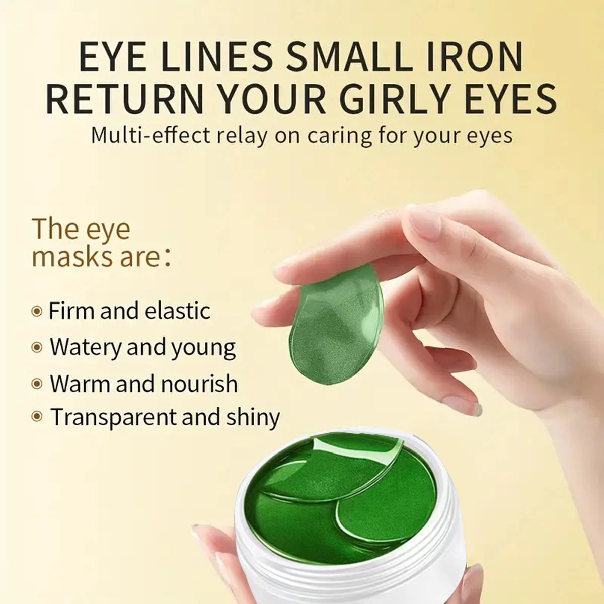 Green eye masks with a container on a yellow background, text about eye care.