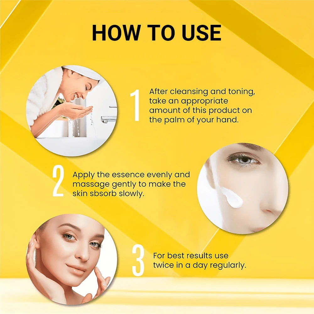 Instructions on how to use a skincare product with step-by-step guidance on a yellow background.