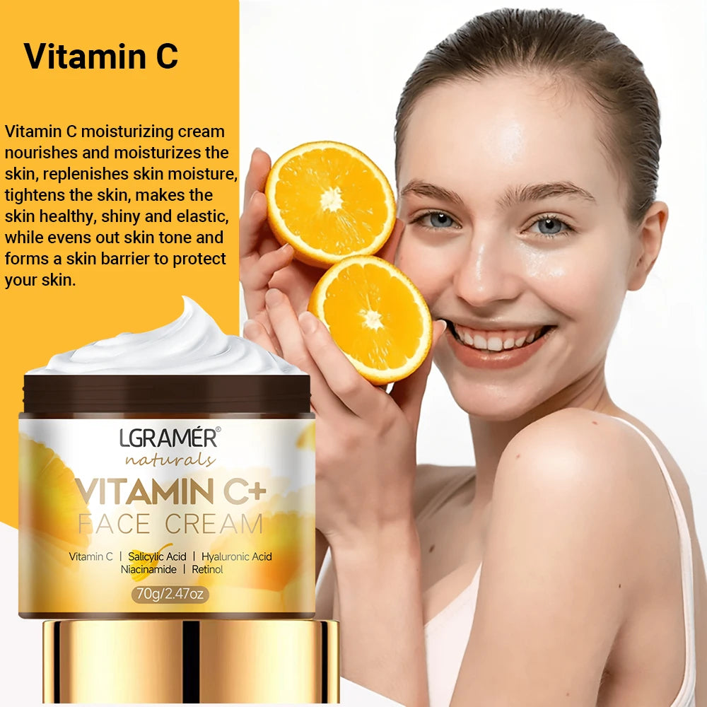 Woman holding oranges with a jar of LGRAMé Vitamin C+ Face Cream on a white background