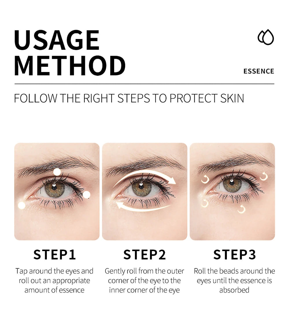 Instructions for using essence around the eyes with step-by-step guidance.