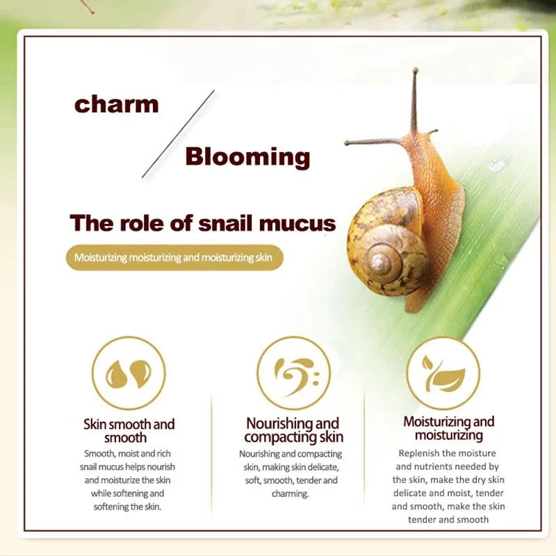 Snail on a leaf with text about the role of snail mucus in skincare.